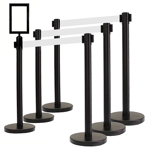 VIP Crowd Control Retractable Belt Stanchion Queue Safety Barrier Set, 36" Ht, 78" Belt + Wall Bracket (6 Posts White Belt + SFrame + WBracket)