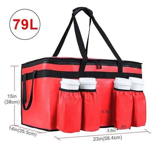 Insulated Food Delivery Bag with 4 Cup Holder, with Bottom, XXX-Large Insulated Grocery Bags with Zippered Top, Cooler Bags with Drink Carrier, Food Carrier Catering Bag,Red