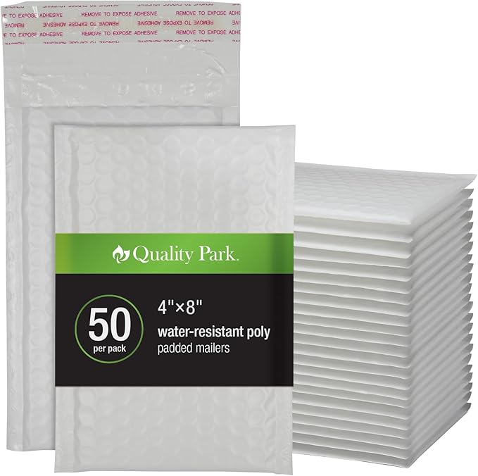 Quality Park Bubble Mailers, 4 x 8 Shipping Envelopes, Self-Seal, Durable White Padded Envelopes, Redi-Strip Peel Off Closure, 50 Per Box (QUA85929)