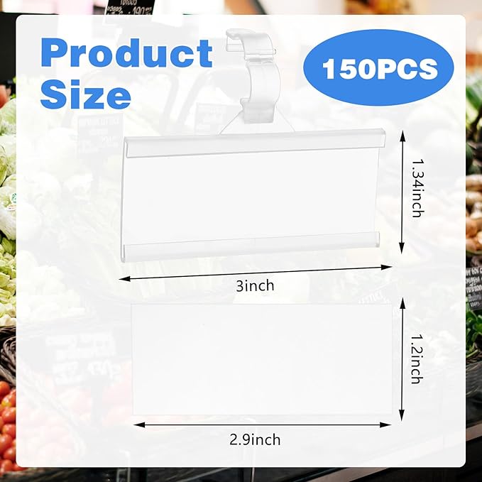 150 Pcs Clear Plastic Wire Shelf Label Holders, Reusable Price Tag Display with Snap Lock, Shelf Tags for Supermarket, Retail, Pantry, 3" x 1.4"