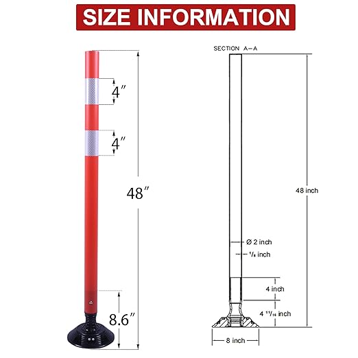 OrangeStar 8 Pack Delineator Post 48" Red Traffic Delineator Cones with Fixable Base for Road Safety, Parking Lots
