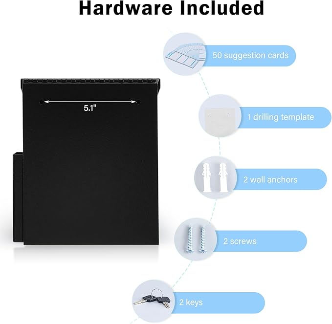 xydled Wall Mounted Suggestion Box with Key Lock, Metal Donation/Ballot/Voting/Collection/Key Drop Box with 50 Free Suggestion Cards , Black, 8.7"x 5.9"x7.1"