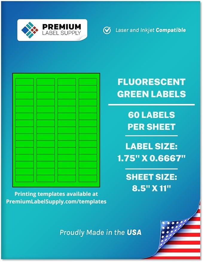 Premium Label Supply Bright Neon Color Fluorescent Sticker Labels - 1.75" x 0.6667" Return Address Labels - (Fluorescent Green, 60,000 Labels)