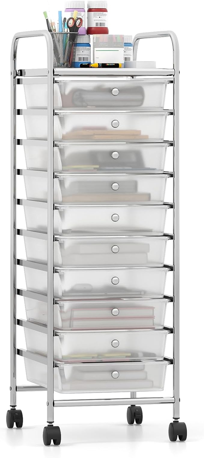 Giantex Rolling Storage Cart with 10 Drawers, Utility Cart with Tabletop, Drawer Organizer with Wheels for Craft Art Paper Tool, Mobile Organization & Sorting for Office Home School School Supplies