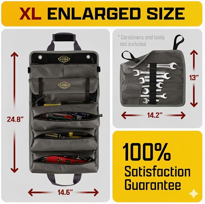The Ryker Bag Customized Black Pro Tool Roll - Heavy-Duty Canvas Roll-Up Tool Organizer w/detachable pouches for Bolts, Sockets & Small Power Tools for Electricians, Plumbers, HVAC Techs & DIY