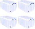 Really Useful Box 84 Liters Storage Container with Snap Lid and Clip Lock Handle for Lidded Home and Item Storage Bins, 4 Pack, Clear