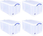 Really Useful Box 84 Liters Storage Container with Snap Lid and Clip Lock Handle for Lidded Home and Item Storage Bins, 4 Pack, Clear