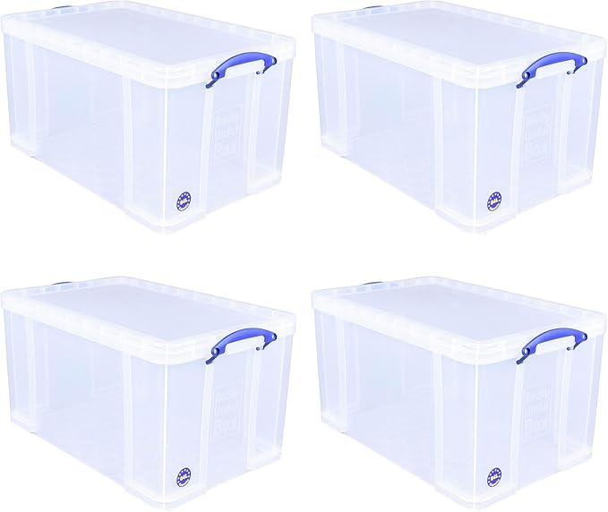 Really Useful Box 84 Liters Storage Container with Snap Lid and Clip Lock Handle for Lidded Home and Item Storage Bins, 4 Pack, Clear