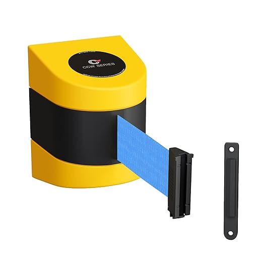 Crowd Control Warehouse - CCW Series WMB-220 Fixed Wall Mount Retractable Belt Barrier - 15 Foot, Light Blue Belt with Yellow ABS Case