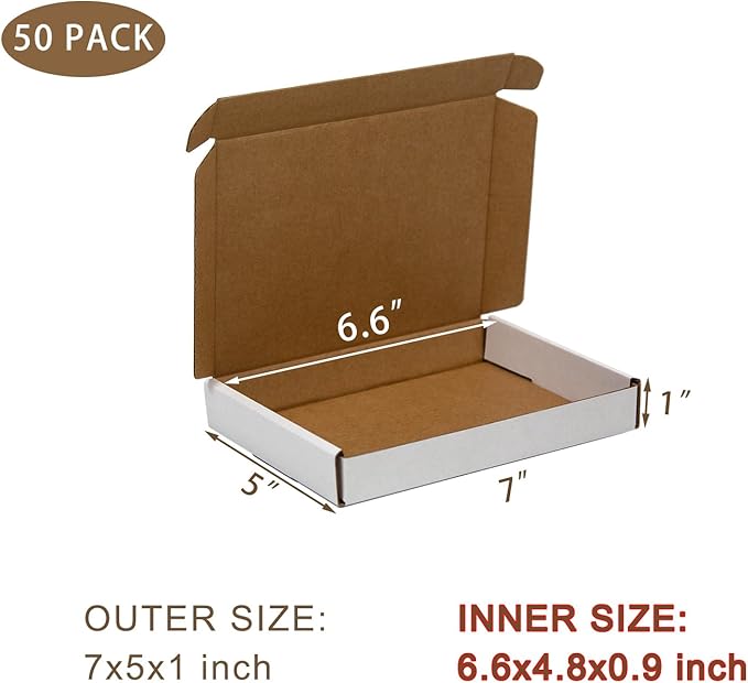 50 Pack 7x5x1 Inches Small Shipping Boxes, White Corrugated Cardboard Boxes, Moving Mailing Packing Box