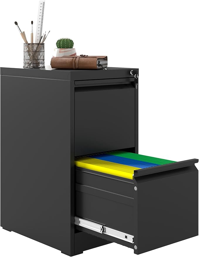 2 Drawer File Cabinet with Lock, Vertical Filing Cabinets for Home Office, Metal Storage Cabinets, Heavy Duty File Cabinet for Letter/Legal/A4/F4 Size Amssebly Required, Black