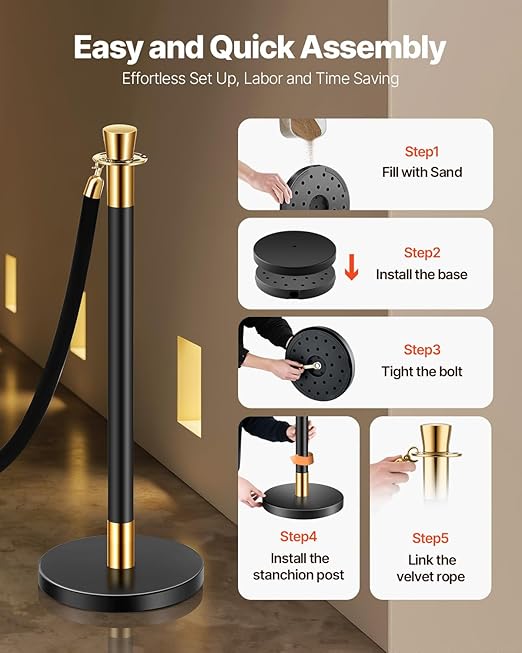 VEVOR Stanchions and Velvet Ropes, 6 Pcs Crowd Control Barriers with 4 Black Velvet Ropes, Stainless Steel Stanchion Post Queue with Sand Injection Hollow Base for Theater, Wedding, Party Supplies