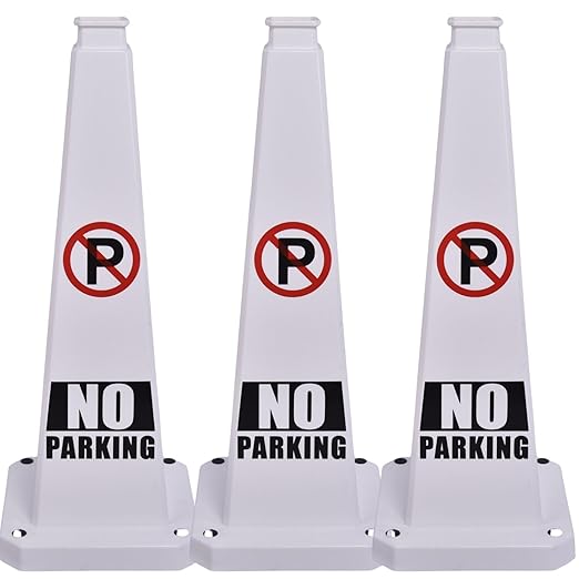 BESEA No Parking Cone 3 Pack, 28" No Parking Sign Cone with Weighted Base, White 4-Sided “ NO Parking” Warning Cone for Driveways Business Parking Lots Garages Indoor/Outdoor