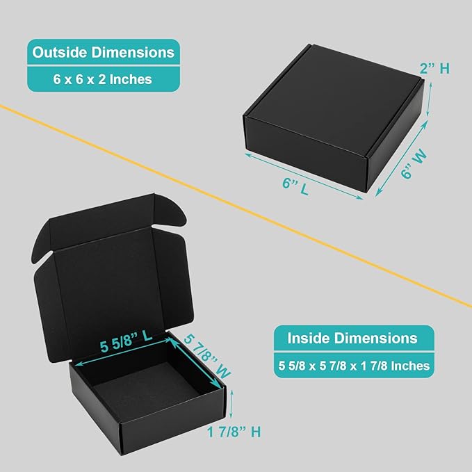Mcfleet 6x6x2" Small Black Shipping Boxes - 24 Pack Corrugated Cardboard Mailing Box Packaging for Small Business - Tab Locking Literature Mailer Flat Empty Gift Packing Supplies