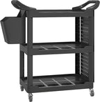 HOMCOM 3 Tier Utility Cart on Wheels, Rolling Tool Storage with Pegboards and Bucket, 200 LBS Load Capacity Plastic Service Cart for Garage, Warehouse, Workshop, Black