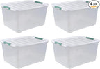 4 Packs Large 80 L Plastic Storage Bins with Wheels, Stackable Garage Organizer Container, Latching Storage Tote Boxes for Closet, Clear & White Lid