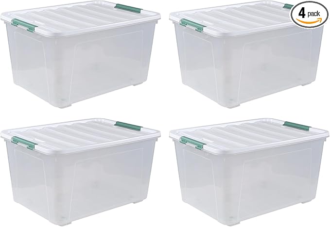 4 Packs Large 80 L Plastic Storage Bins with Wheels, Stackable Garage Organizer Container, Latching Storage Tote Boxes for Closet, Clear & White Lid