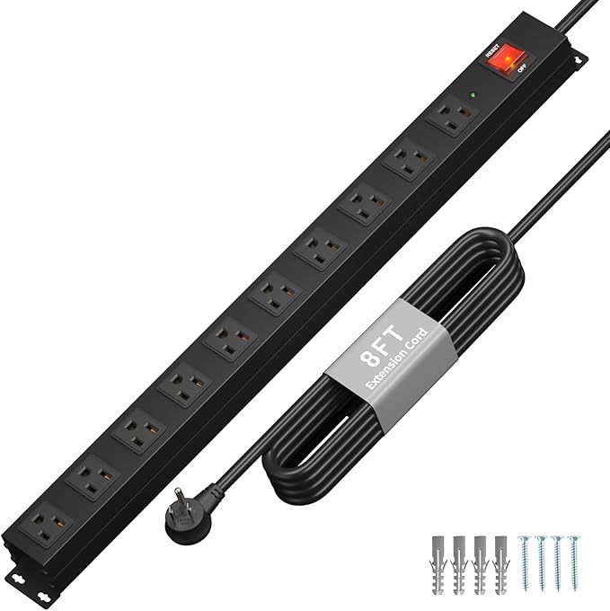 KF 10 Outlet Heavy Duty Power Strip with Surge Protector 2100J,15A/1875W Wall Mount Design, 8FT Extension Cord & Safety Switch for Home Office, Workshop, Gaming Setup, Studio - Black