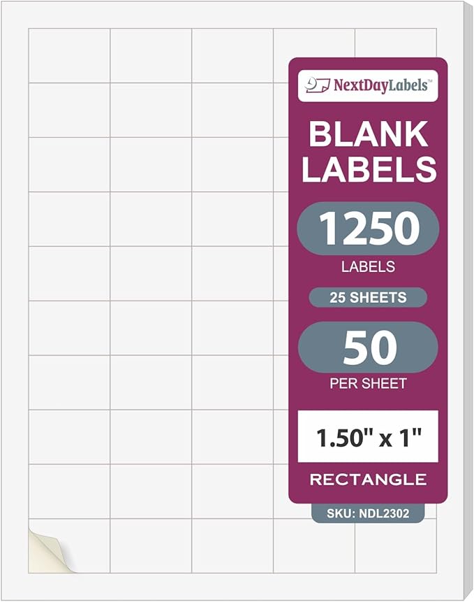NextDayLabels – 1.5" x 1" Rectangular Sticker Labels for Printer - White Laser/Inkjet Printer Labels Return Address Labels Shipping Label Stickers (25 Sheets, 50 Per Sheet, 1250 Labels)