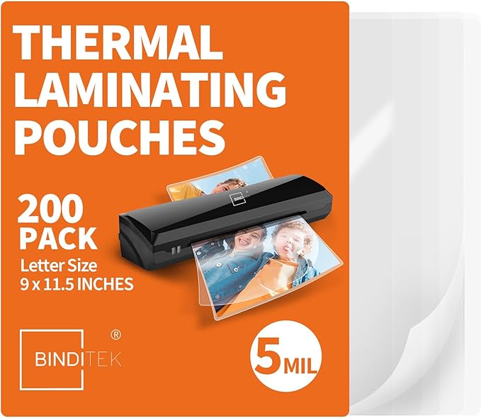 Binditek 200 Pack 5 Mil Thermal Laminating Pouches, 9x11.5 Inches Laminating Sheets, for Letter Size, Ultra Clear, Glossy, Hold 8.5x11 Inches, Heat Seal, School Office Supplies