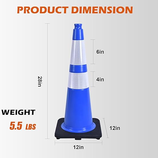 6 Pack 28 Inch Blue Reflective Traffic Cones, Durable Black Base Cones for Parking Management, Construction Sites and Outdoor Events (6, Blue, 28 Inch)