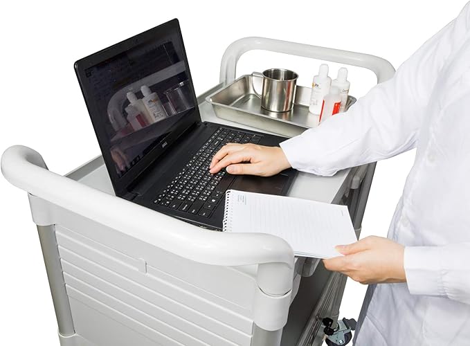 JaboEquip, Larger 3 Shelf Heavy Duty Lockable Hospital cart Medical cart, Utility Cart 606 lbs for Medical, L34.43xD19.69 inch, Off-White (Light Grey) Color