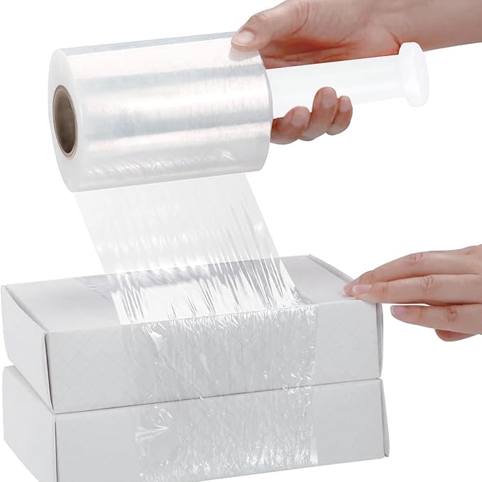 PSBM 12 Rolls 4 Inch x 650 Feet 100 Gauge Mini Stretch Film/Wrap with Plastic Handle, Heavy Duty Industrial Strength Clear Shrink Plastic Wrap for Moving, Packing, Shipping, Bundling & Storage