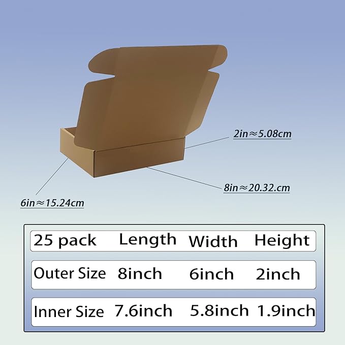 8x6x2 inch Shipping Boxes Pack of 25, Brown Corrugated Cardboard Box Mailer Boxes for Packaging Small Business Shipping，Recyclable Moving Storage Mailing Boxes Bulk Book Literature Gift Giving