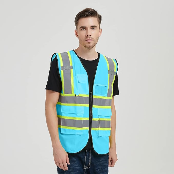 Safety Vest Reflective High Visibility with 5 Pockets ＆Zipper Class 2 Adult Unisex Construction Security Workwear