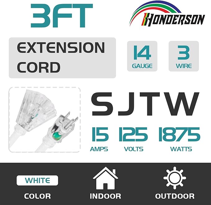 3-Outlets Extension Cord Weatherproof with Lighted End, UL Listed, 14 Gauge 3FT White 3 Prong Heavy Duty, 14/3 SJTW 15A Power Cord