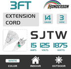 3-Outlets Extension Cord Weatherproof with Lighted End, UL Listed, 14 Gauge 3FT White 3 Prong Heavy Duty, 14/3 SJTW 15A Power Cord