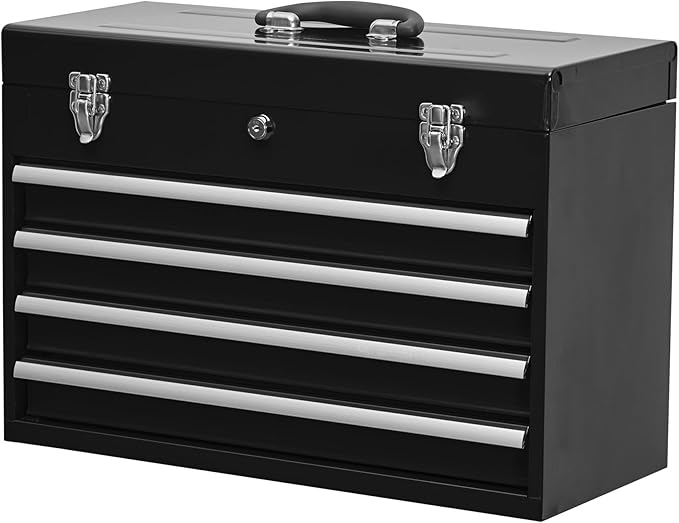 4 Drawers Metal Tool Box Portable Steel Tool Chest with Metal Latch Closure & Key Lock, 20" Powder Coating Top Storage Tray Toolbox with Handle, Suitable for Repair Shop & Garage (Black)