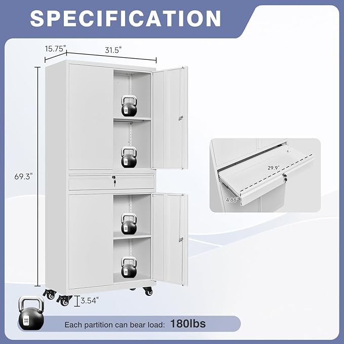 73" Metal Garage Storage Cabinet with Wheels， Rolling Tool Storage with Locking Doors， Adjustable Shelves and Drawer, Heavy Duty Steel Tool Cabinet for Garage, Warehouse, School(White)
