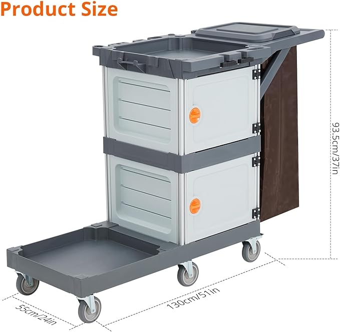 3-Shelf Commercial Janitorial Cart with Wheels - 2 Lockable Cabinets, Oxford Bag & Dust Cover, Sturdy Rolling Housekeeping Cart for School/Hotel/Apartment