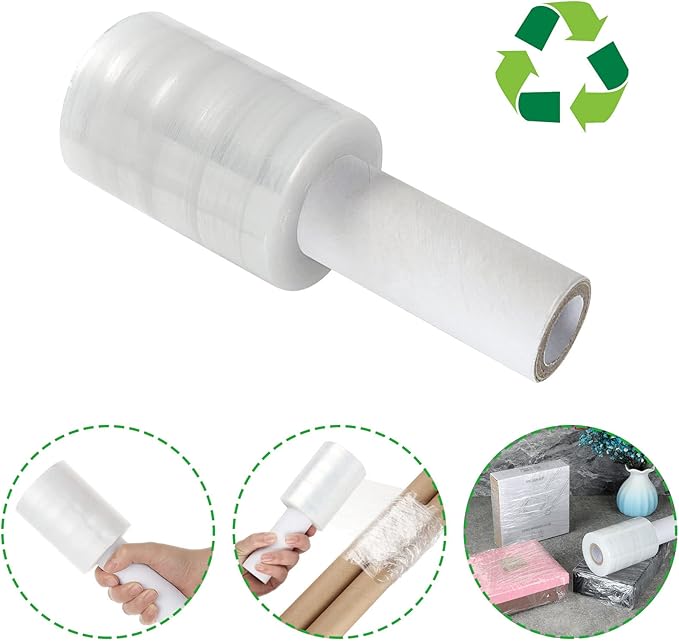 6 Pack Stretch Wrap Film with Handle, 80 Gauge Thick Industrial Strength Hand Stretch Wrap, 4" x 1000 Ft Plastic Pallet Shrink Film Heavy Duty Self-Adhering Plastic Wrap for Packing, Moving