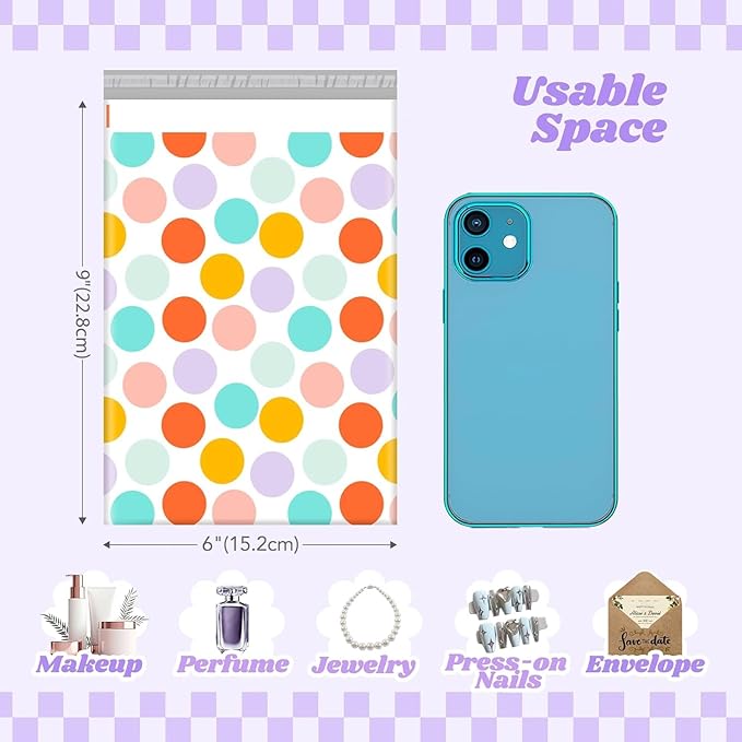 Metronic Cute Poly Mailers 6x9" 1200Pcs, Colorful Polka Dots Shipping Bags for Clothes, Self Adhesive Shipping Envelopes Waterproof Mailers Poly Bags Packaging Mailing Bags for Small Business