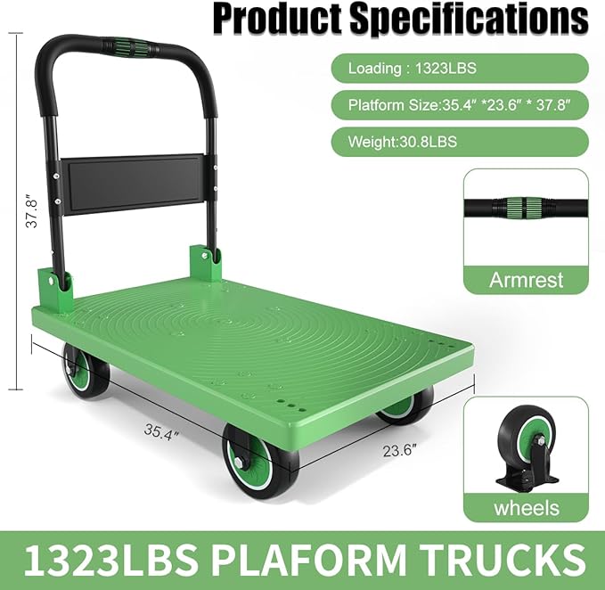 WUD Push Cart, Folding Mobile Platform Trolley,Thickened and Reinforced, 360° Swivel Wheels, 35.4 “L x 23.6 ”W, 1323 lb. Green Dolly cart with Wheels