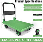 WUD Push Cart, Folding Mobile Platform Trolley,Thickened and Reinforced, 360° Swivel Wheels, 35.4 “L x 23.6 ”W, 1323 lb. Green Dolly cart with Wheels