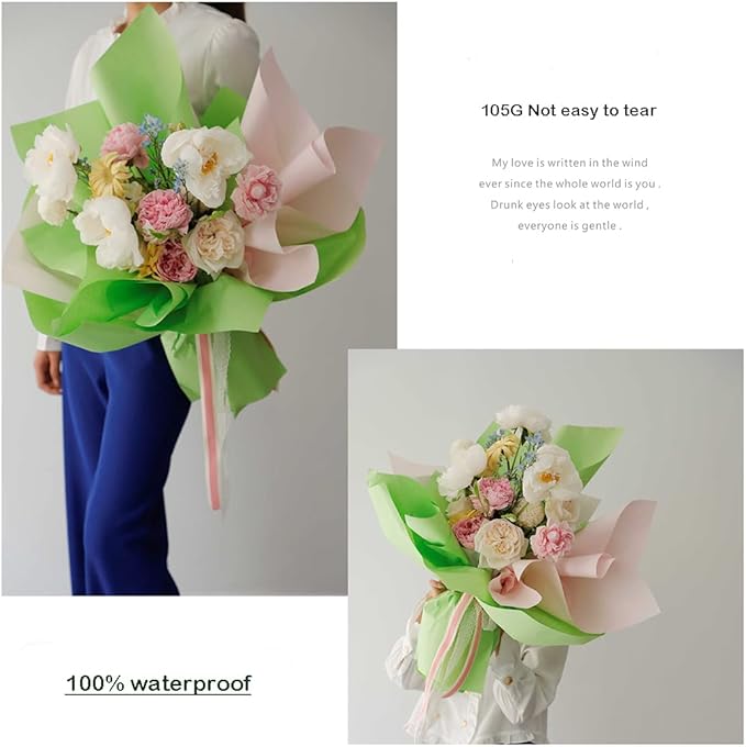 FWSA WRAPS Korean Flower Wrapping Paper Roll Green Matte Bouquet Wrap Florist Paper, 105G Thicken waterproof DIY Art Packaging Kraft Paper 23.23 x 288 inches (Color 11 (Matcha Green))