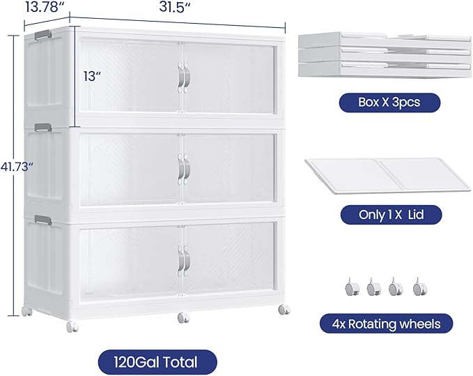 120GAL Plastic Storage Bins with Lid, 480QT Extra Large Stackable Closet Organizers and Storage, Collapsible Storage Boxes with Wheels, Folding Cabinet for Home Kitchen Office, 3Pack White