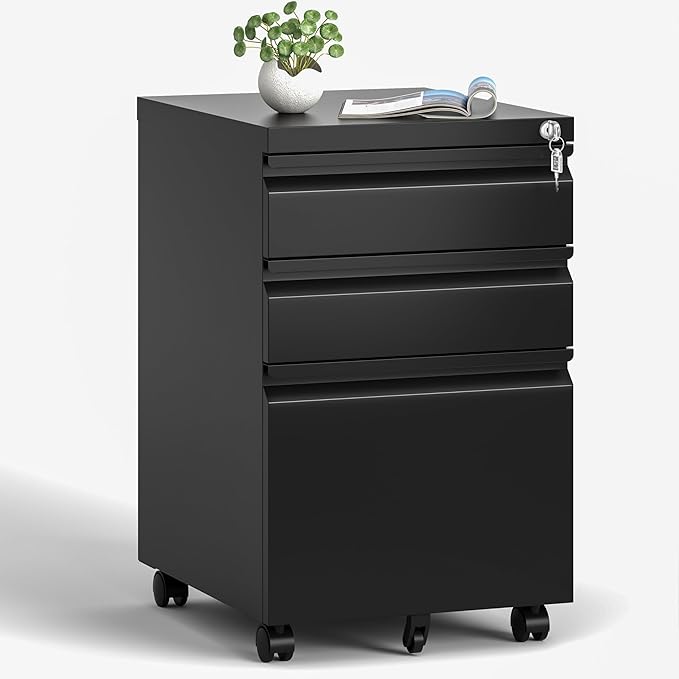 3-Drawer Mobile File Cabinet With Lock & Wheels,Fully Assembled Heavy Duty Under Desk File Cabinets For Home Office,100lbs Capacity Per Drawer,Steel Rolling Cabinet for Legal/Letter Files(Black)