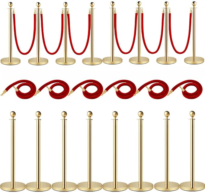 8PCS Stanchion Posts with 6 Red Velvet Ropes, Crowd Control Barriers with Weighted Base, Stainless Steel Queue Poles for Events, Parties, Museums, Red Carpet, Theaters, and Hotels