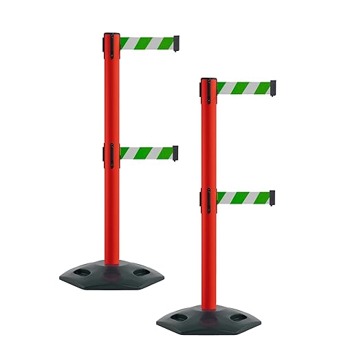Montour Line MSR630D Set of 2 Retractable Belt Barrier Stanchion, Heavy-Duty Rubber Base, Red Post (13 ft Green and White Diagonal Dual Belt)