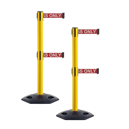 Crowd Control Warehouse CCW Set of 2 Retractable Dual Belt Stanchion Safety Barrier, Heavy-Duty Rubber Base Yellow Post, WBB-200D (9 Foot Belt, Red with"Authorized Access Only" White Letters Belt)