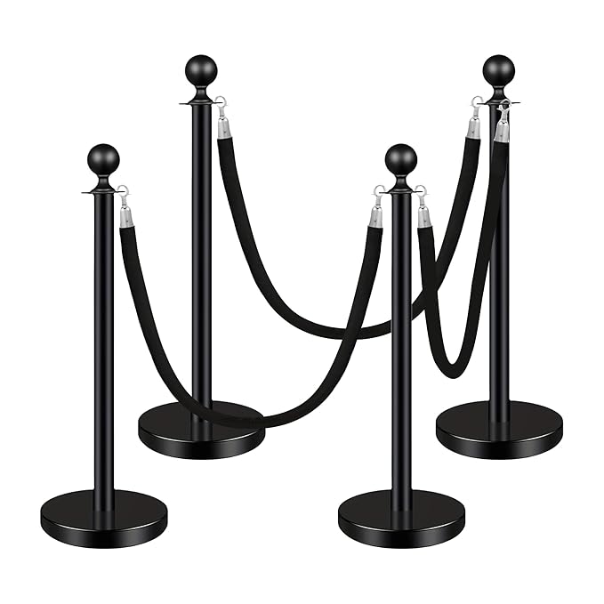 4PCS Black Stainless Steel Stanchions with 3PCS 5FT Velvet Black Ropes - Crowd Control Barriers with Ball Top and Hollow Base for Event,Party,Wedding