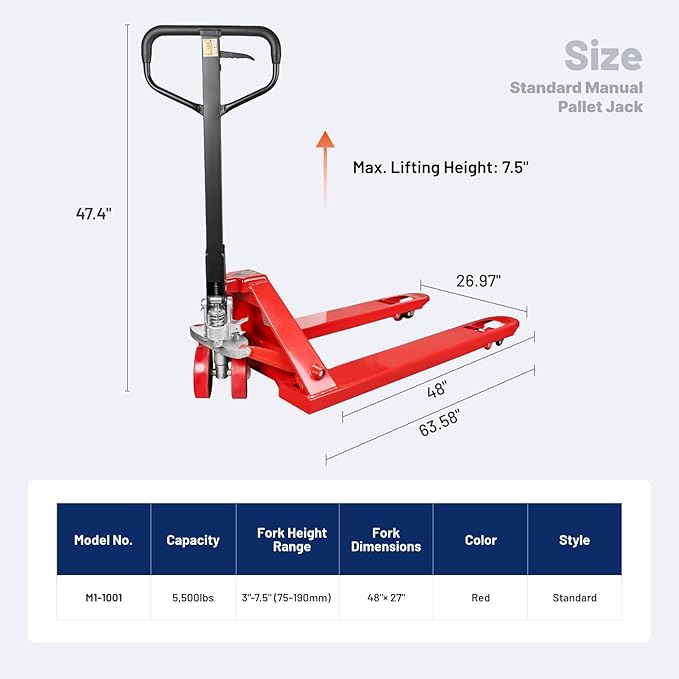 NORTHSKY Standard Manual Pallet Jack, 27" W x 48" L, 5500lbs Capacity for Warehouse, Workshop