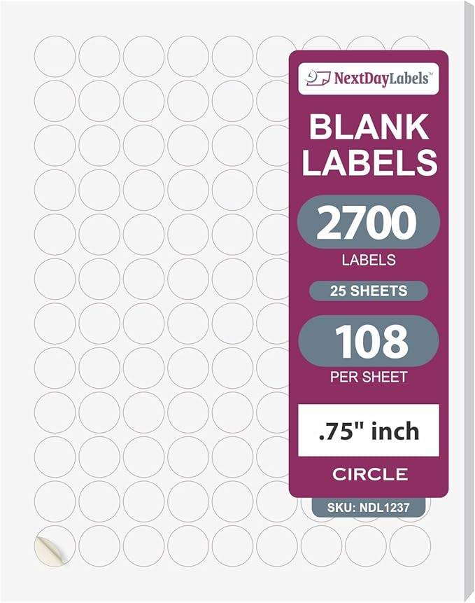 NextDayLabels 3/4 Inch Round Labels - Matte White Blank Circle Stickers, 2700 Printer Labels (108 Per 25 Sheets)