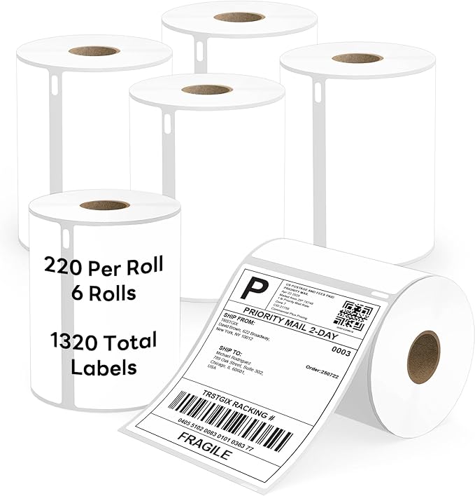 Compatible DYMO 1744907 4" x 6" Direct Thermal Shipping Labels, Strong Adhesive & Perforated, Compatible with Rollo, Zebra & More – NOT for DYMO 5XL (6 Rolls / 1320 Labels), TRSTGIX