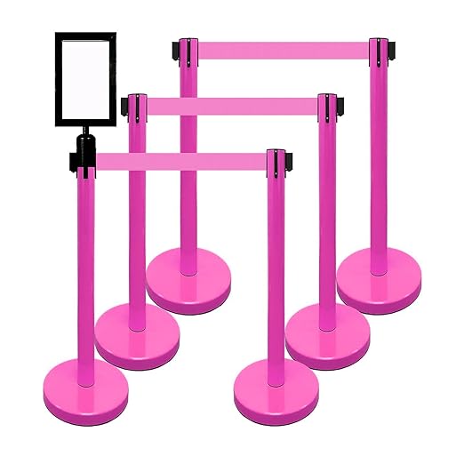 VIP Crowd Control Retractable Belt Stanchion Queue Safety Barrier Set, 36" Ht, 78" Belt + Wall Bracket (6 Magenta Pink Posts Pink Belt + SFrame + WBracket)