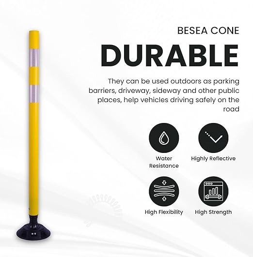 BESEA 8 Pack 36 Inch Traffic Delineator Posts with Reflective Collars Yellow Road Cones,Yellow Durable Flexible Safety Cones for Construction, Parking Lot, and Roadway Use